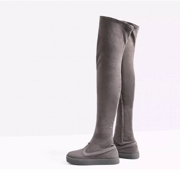 Zara Taupe Suede Leather Over the Knee Sock Boots...